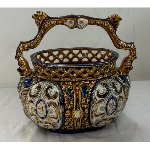 517 - English Alhambrian hand painted majolica basket measures approximately 8 inches tall x 8 inches wide