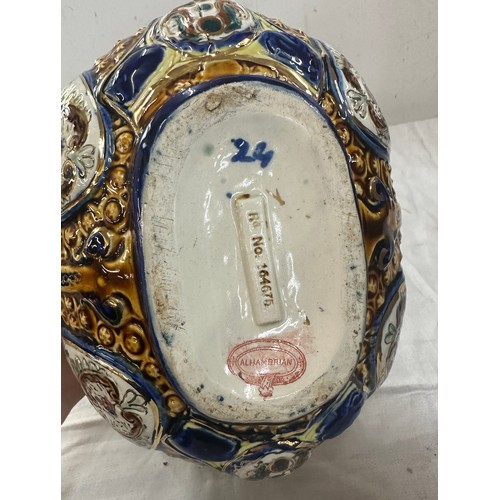 517 - English Alhambrian hand painted majolica basket measures approximately 8 inches tall x 8 inches wide