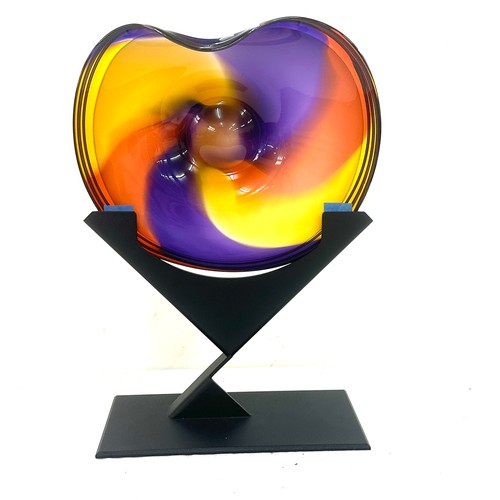 1 - The 'Uplift' art glass wave bowl sculpture sat on a contemporary geometric metal base by artist Nich... 