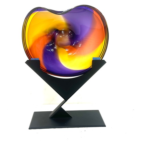 1 - The 'Uplift' art glass wave bowl sculpture sat on a contemporary geometric metal base by artist Nich... 