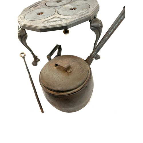 244 - Tripod trivet, iron cooking pot, flat iron, poker