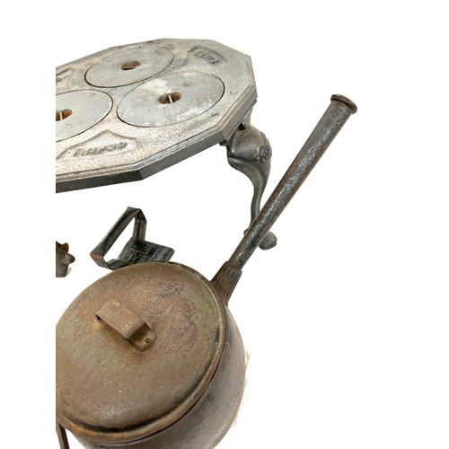 244 - Tripod trivet, iron cooking pot, flat iron, poker