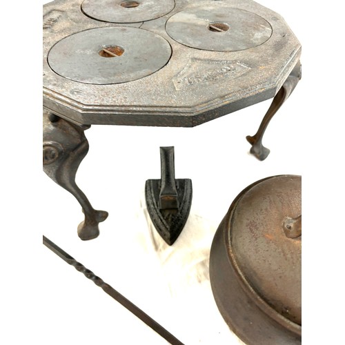 244 - Tripod trivet, iron cooking pot, flat iron, poker