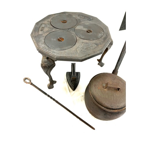 244 - Tripod trivet, iron cooking pot, flat iron, poker