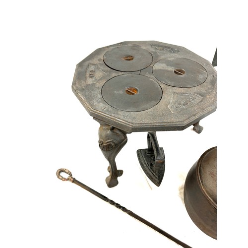 244 - Tripod trivet, iron cooking pot, flat iron, poker