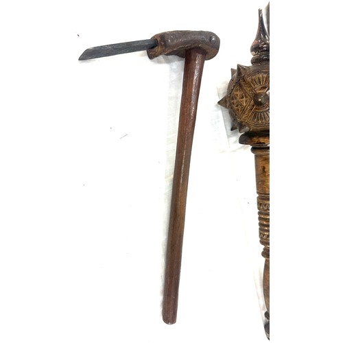 289 - Ceremonial carved wood club, throwing club and a coconut cutting tool