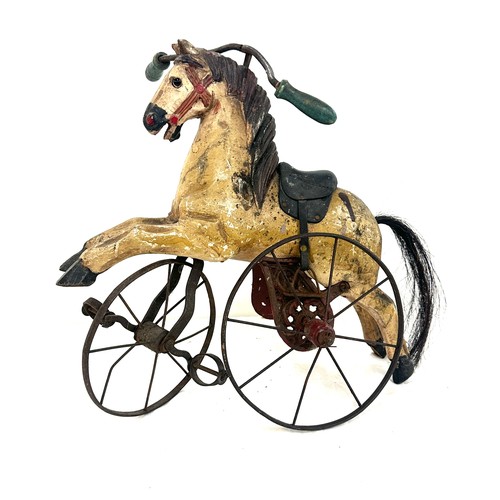 283 - Vintage wooden horse tricycle ( one missing wheel ) measures approximately 15 inches tall x 18 wide