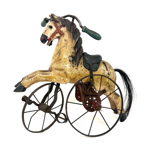 283 - Vintage wooden horse tricycle ( one missing wheel ) measures approximately 15 inches tall x 18 wide