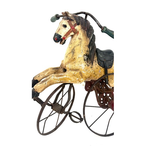 283 - Vintage wooden horse tricycle ( one missing wheel ) measures approximately 15 inches tall x 18 wide