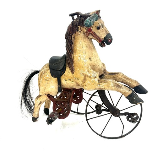 283 - Vintage wooden horse tricycle ( one missing wheel ) measures approximately 15 inches tall x 18 wide