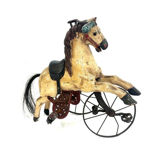 283 - Vintage wooden horse tricycle ( one missing wheel ) measures approximately 15 inches tall x 18 wide