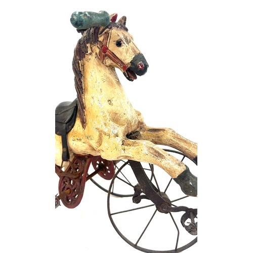 283 - Vintage wooden horse tricycle ( one missing wheel ) measures approximately 15 inches tall x 18 wide