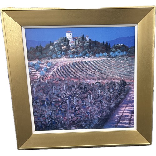 229 - Large framed painting depicting villa over looking a corn field, measures approximately 32 inches ta... 