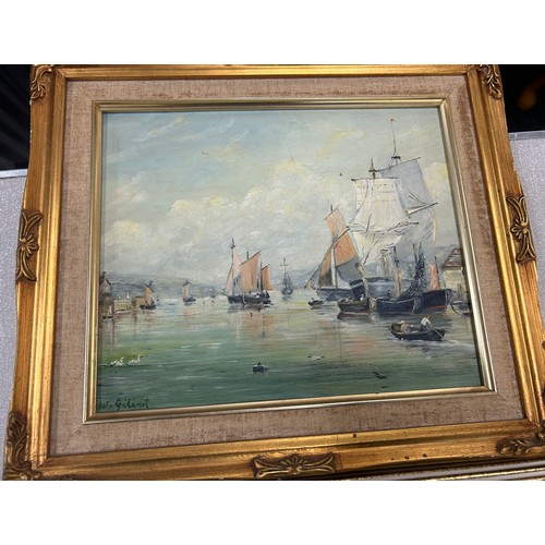 95 - Three framed paintings depicting ships/ boats largest measures approximately 16 inches wide 14 inche... 