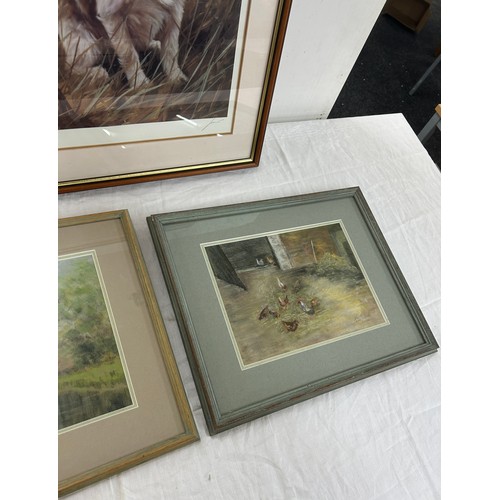 17 - Framed Painting depicting chicken and a limited edition print of a dog, largest measures approximate... 