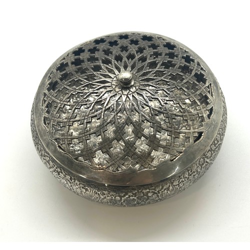 377 - Lidded silver potpourri, approximate weight 200g, tested and verified as silver