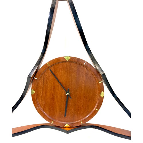 89 - Vintage wooden triangle retro wall clock, small split to wood at the back, as seen in image, approxi... 