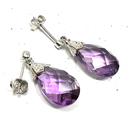 158 - 9ct white gold amethyst drop earrings weight 3.1g