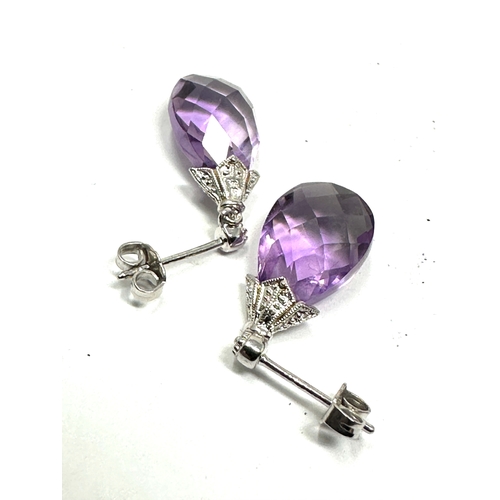 158 - 9ct white gold amethyst drop earrings weight 3.1g