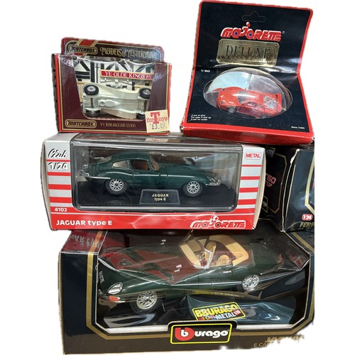 102 - Selection of boxed model cars to include Burago Mercedes SSK, Jaguar E Cabriolet, Ferrari F5o, Major... 