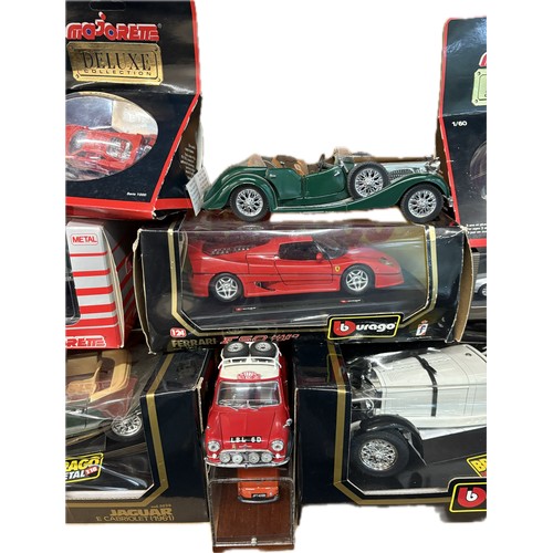 102 - Selection of boxed model cars to include Burago Mercedes SSK, Jaguar E Cabriolet, Ferrari F5o, Major... 