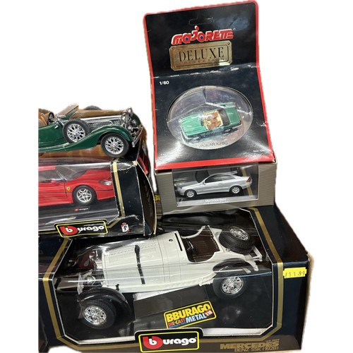 102 - Selection of boxed model cars to include Burago Mercedes SSK, Jaguar E Cabriolet, Ferrari F5o, Major... 