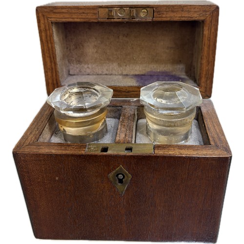 516 - Antique scent bottle box with 2 cut glass Yardley scent bottles with stoppers, no key, height 12cm, ... 