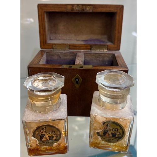 516 - Antique scent bottle box with 2 cut glass Yardley scent bottles with stoppers, no key, height 12cm, ... 