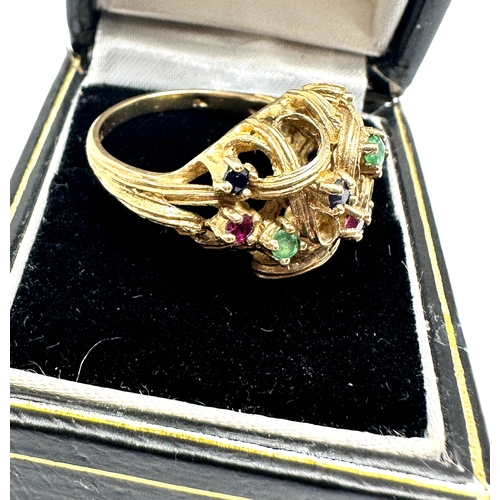 202 - 9ct gold multi gemstone ring emerald rubt sapphire weight 5.6g