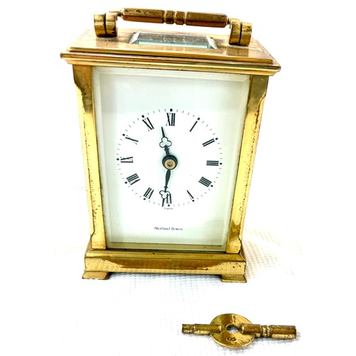 515 - Shortland Bowen Brass carriage clock with key, approximate measurements: Height 6 inches, Width 3.5 ... 