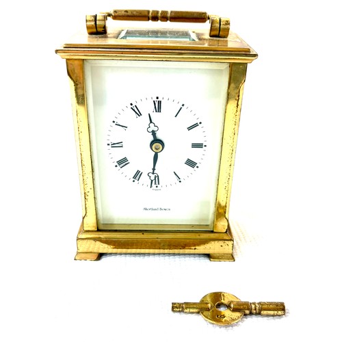 515 - Shortland Bowen Brass carriage clock with key, approximate measurements: Height 6 inches, Width 3.5 ... 