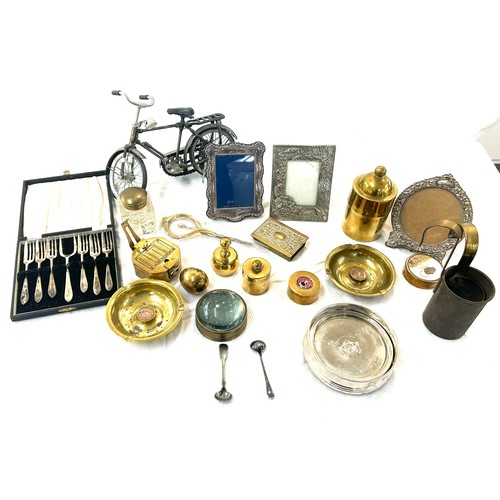 81 - Selection of brass, metal ware to include a silver hallmarked picture frame, compass etc