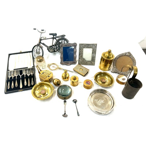 81 - Selection of brass, metal ware to include a silver hallmarked picture frame, compass etc