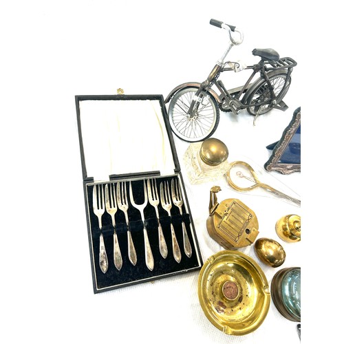 81 - Selection of brass, metal ware to include a silver hallmarked picture frame, compass etc