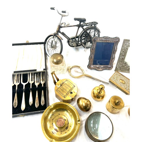 81 - Selection of brass, metal ware to include a silver hallmarked picture frame, compass etc