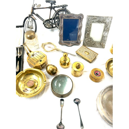 81 - Selection of brass, metal ware to include a silver hallmarked picture frame, compass etc