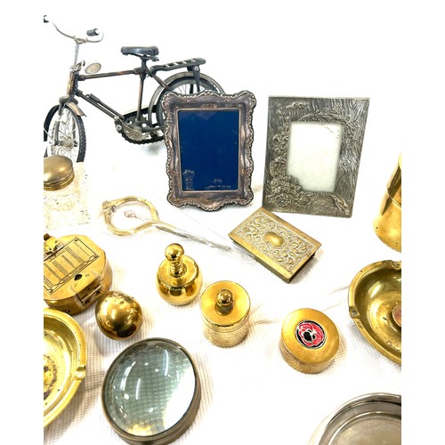 81 - Selection of brass, metal ware to include a silver hallmarked picture frame, compass etc