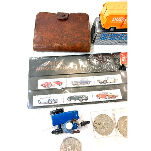 518 - Tray of collectables to include Dinky Talbot Lago,  miniature coronation coach, playing cards, silve... 