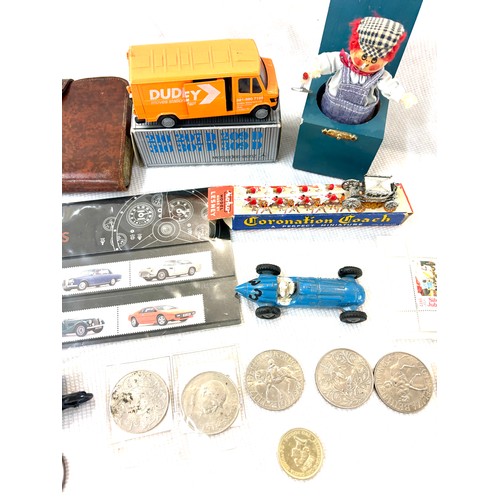 518 - Tray of collectables to include Dinky Talbot Lago,  miniature coronation coach, playing cards, silve... 