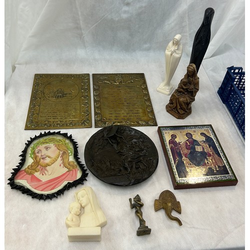 82 - Selection of religious items to include plaques, wooden carved plaque, figures