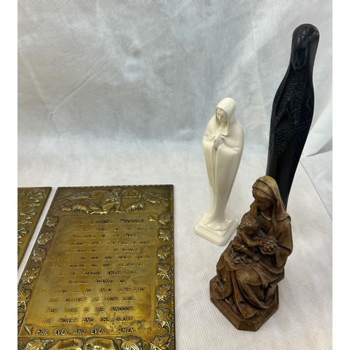 82 - Selection of religious items to include plaques, wooden carved plaque, figures