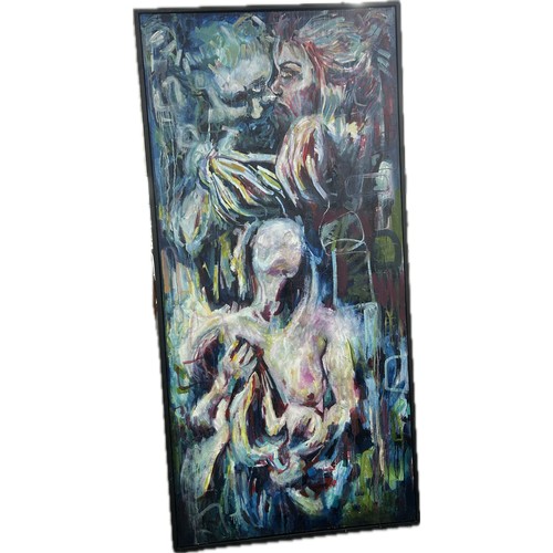 308 - Large framed abstract painting on canvas, tear to canvas as seen in images, approximate measurements... 