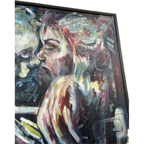 308 - Large framed abstract painting on canvas, tear to canvas as seen in images, approximate measurements... 