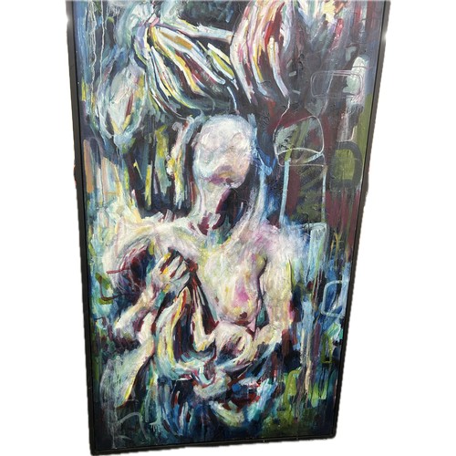 308 - Large framed abstract painting on canvas, tear to canvas as seen in images, approximate measurements... 