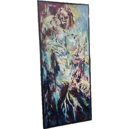 309 - Large framed abstract painting on canvas, approximate measurements: 98 inches, width 42  inches