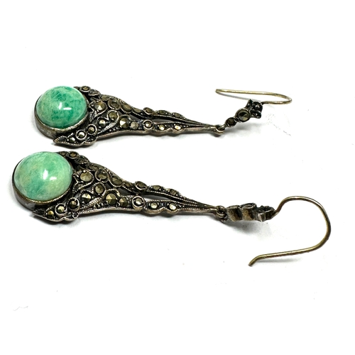 212 - Vintage silver marcasite & jade drop earrings measure approx 4.7cm drop