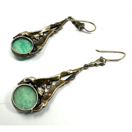 212 - Vintage silver marcasite & jade drop earrings measure approx 4.7cm drop