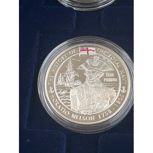 494 - History of the Royal Navy collection, 10 x £5, Royal Mint 925 Silver commemorative coins with COA