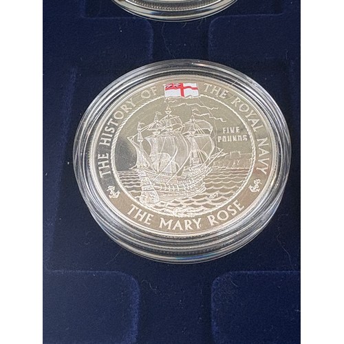 494 - History of the Royal Navy collection, 10 x £5, Royal Mint 925 Silver commemorative coins with COA