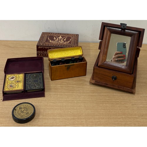 66 - Selection of wooden items to include wooden jewellery box, inlaid decorative box, game etc